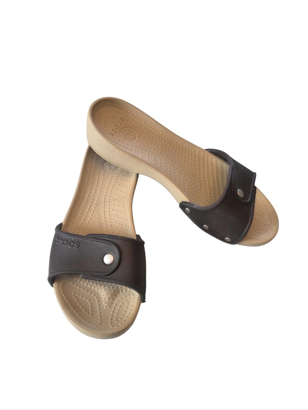 CROCS Cobbler Womens Sandal 8 W BROWN Beige Single Strap Slides Slip On Open Toe